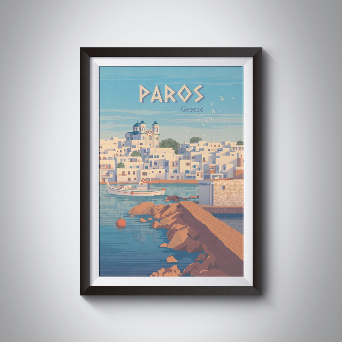 Paros Greece Aegean Island Harbor Church Vintage Travel Poster