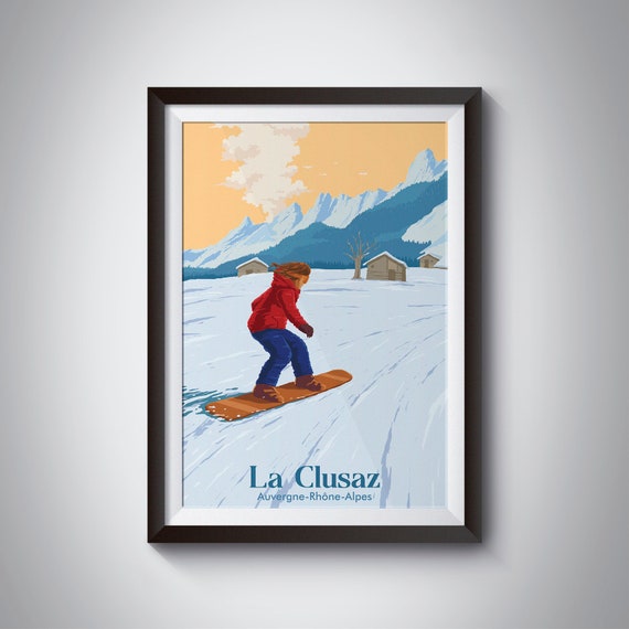 La Clusaz Snowboarding Poster Skiing Print French Alps France Vintage Ski Art Ski Resort Mountains Winter Sport Skier Retro Savoie