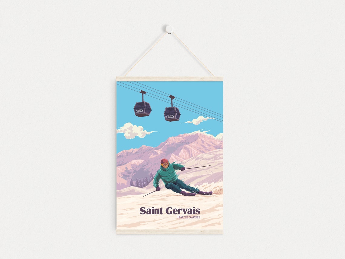 Saint Gervais Ski Resort Poster France Haute Savoie Mont Blanc Snowboarding Chamonix Megeve Vintage Travel Print French Alps Framed - Image 4