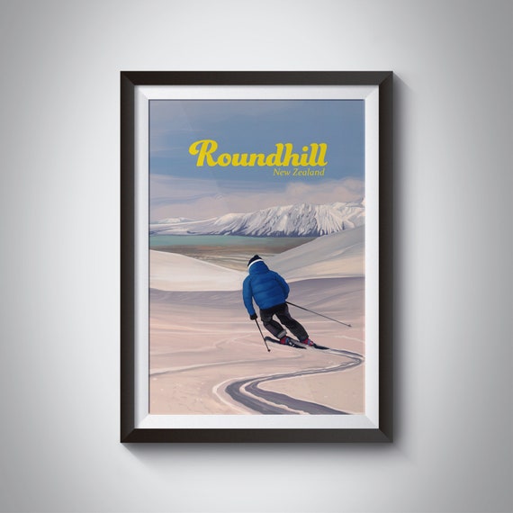 Roundhill Ski Resort Poster New Zealand Travel Print Lake Tekapo Canterbury Ski Resort Print Vintage Skiing Art Snowboarding Art Nz