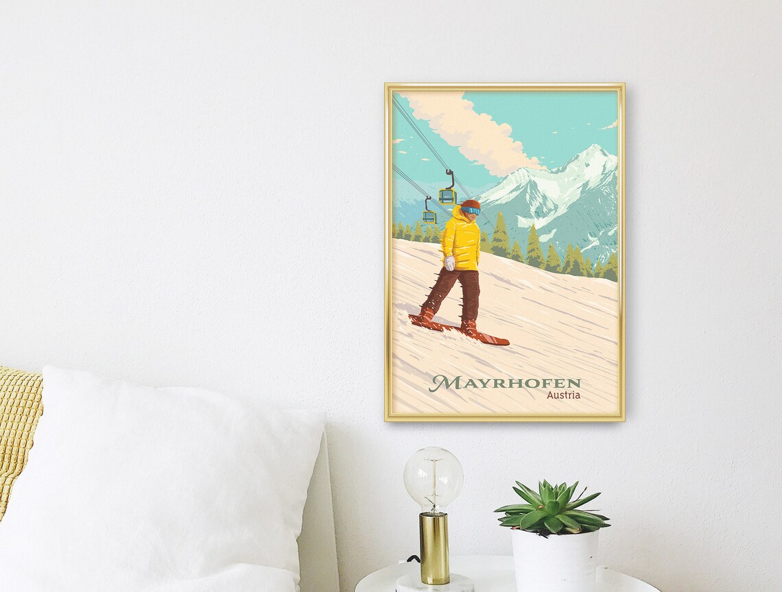 Mayrhofen Austria Vintage Snowboarder Gondola Ride Travel Poster - Image 3