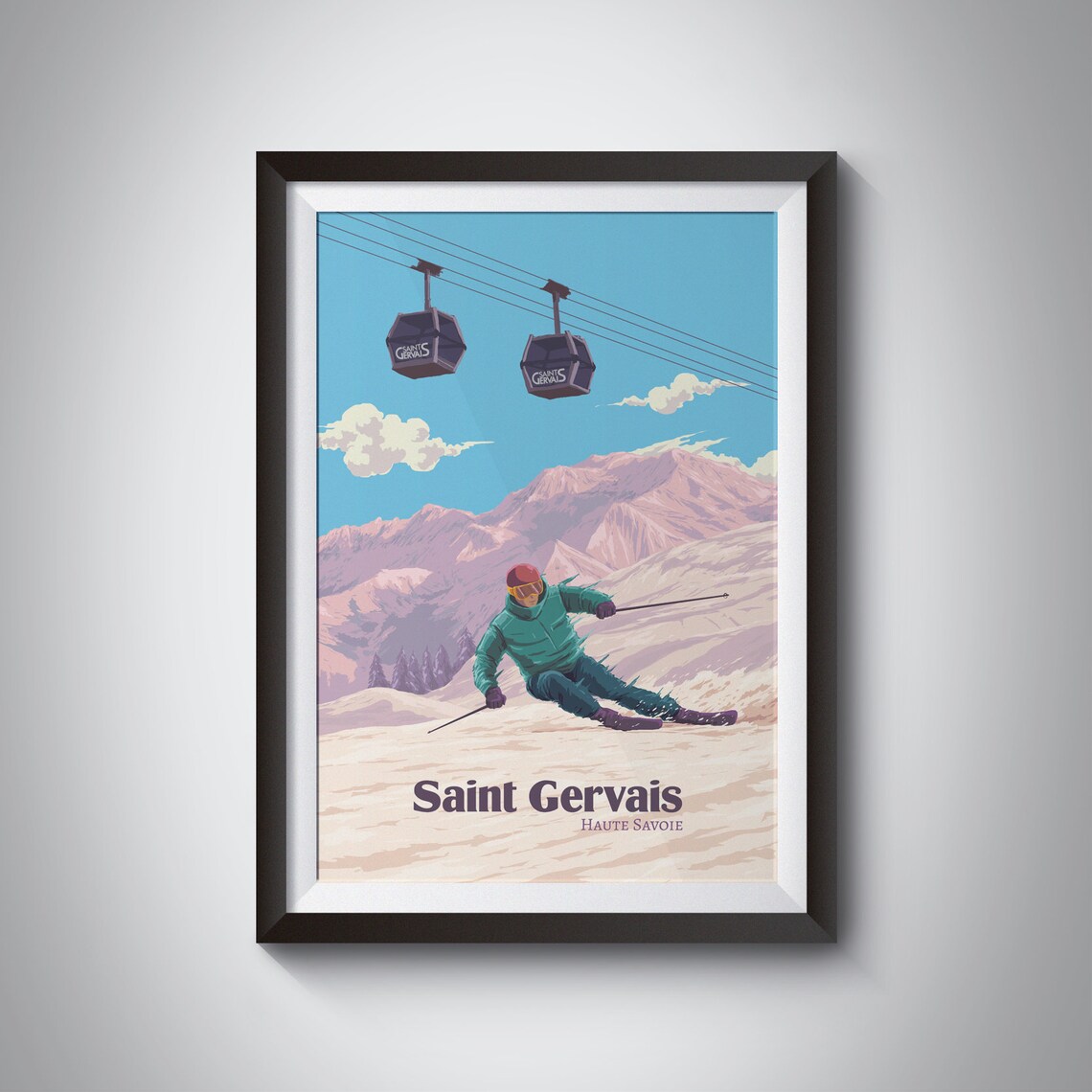 Saint Gervais Haute Savoie France Skier and Gondola Mountain Poster