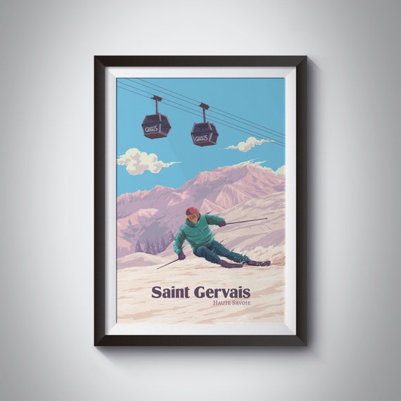 Saint Gervais Ski Resort Poster France Haute Savoie Mont Blanc Snowboarding Chamonix Megeve Vintage Travel Print French Alps Framed