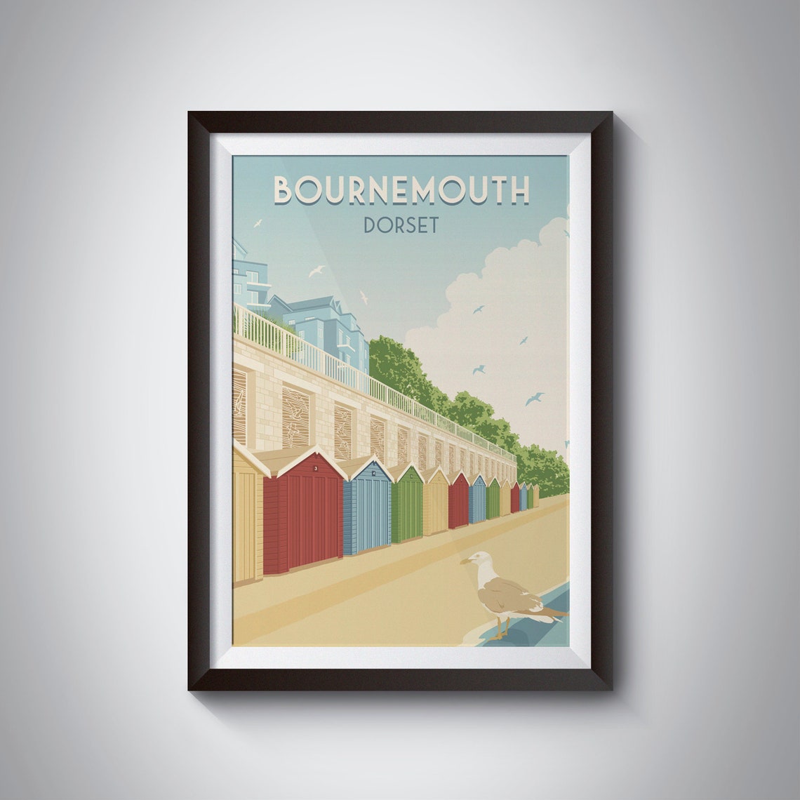 Bournemouth Dorset Colourful Beach Huts Seaside Travel Poster