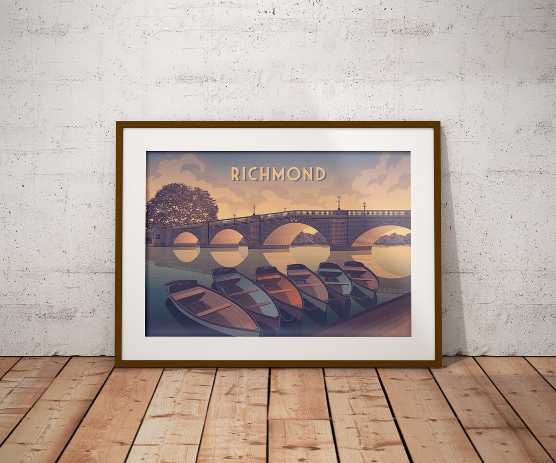 Richmond London Thames Bridge Rowing Boats Dusk Travel Poster - Image 4