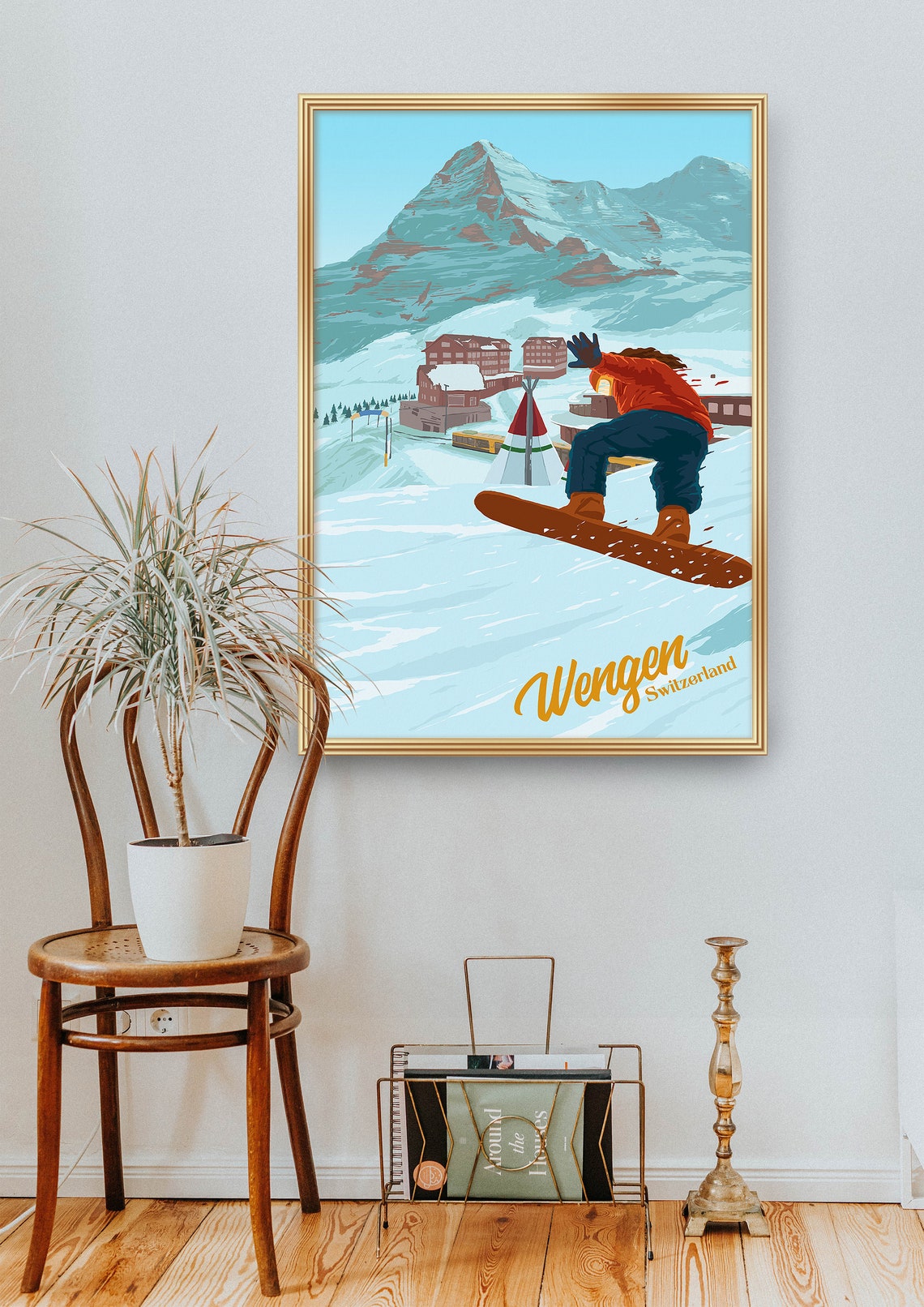 Wengen Switzerland Snowboarder With the Eiger in the Backdrop Poster - Image 2