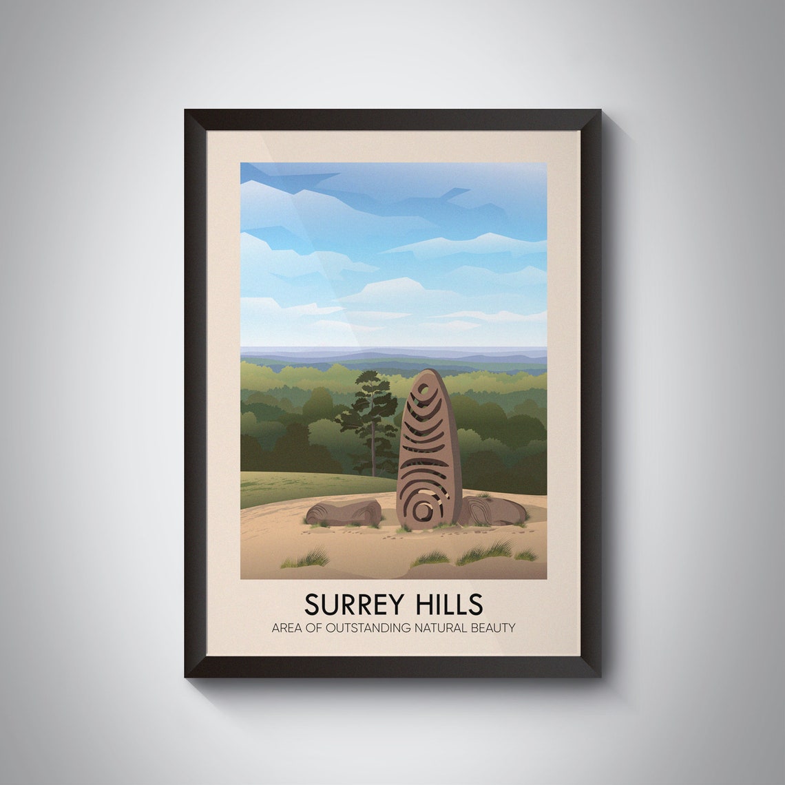 Surrey Hills AONB Vintage Travel Poster with Sculpture Trail Art