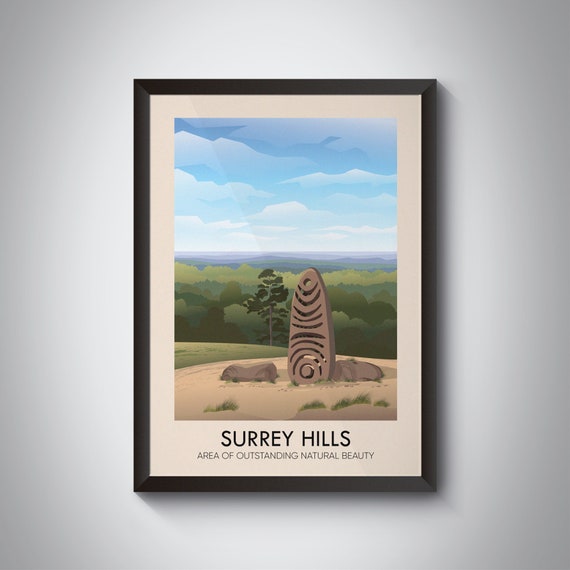 Surrey Hills AONB Vintage Travel Poster with Sculpture Trail Art