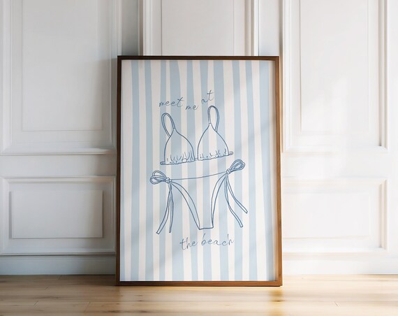 Meet Me At The Beach Blue Bikini Striped Coastal Summer Wall Poster