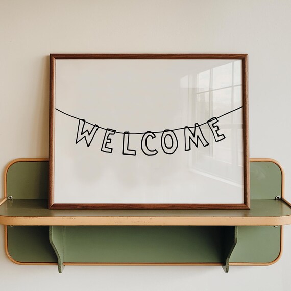 Welcome Bunting Banner Hand Drawn Typography Minimalist Entryway Hallway Wall Art