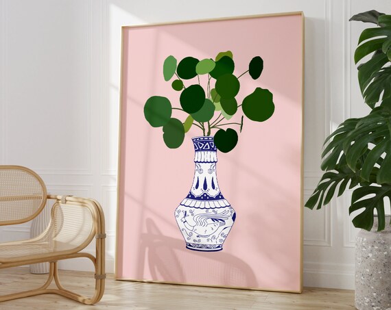 Plant In Blue Greek Vase Pink Wall Art Modern Minimalist Flower Prints Living Room Bedroom Floral Boho Home Decor