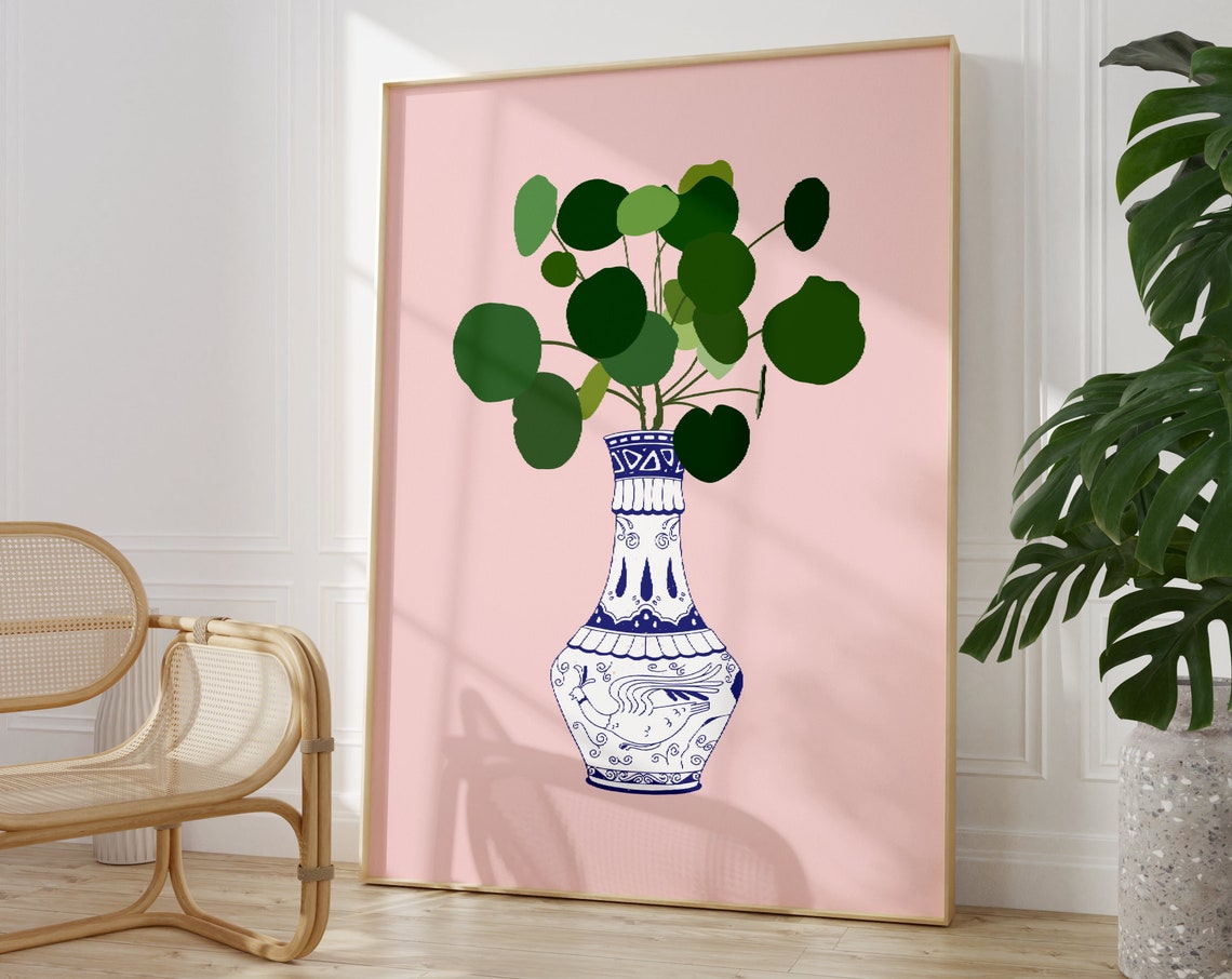 Greek Vase Leafy Plant Pink Background Botanical Illustration Poster