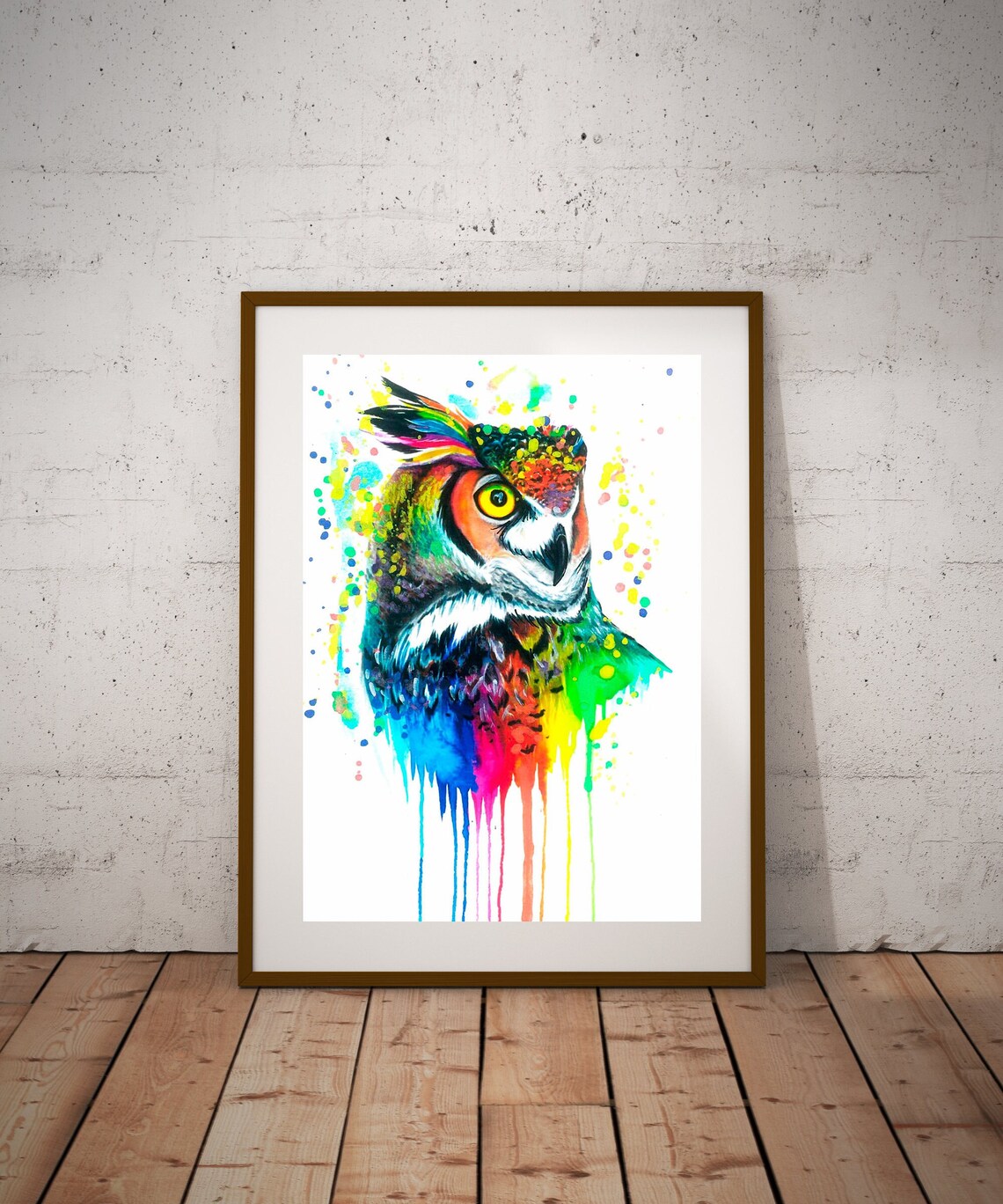 Great Horned Owl Portrait Rainbow Paint Drip Watercolor Poster