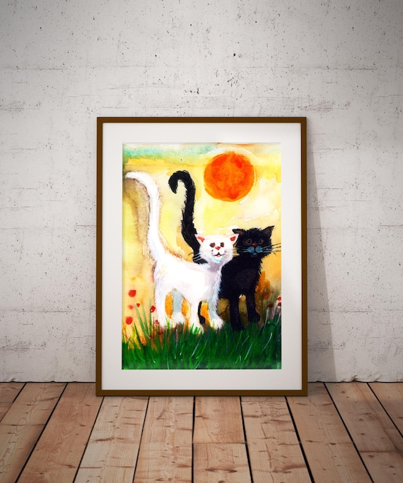 White Cat And Black Cat Best Friends Watercolor Animal Art Poster