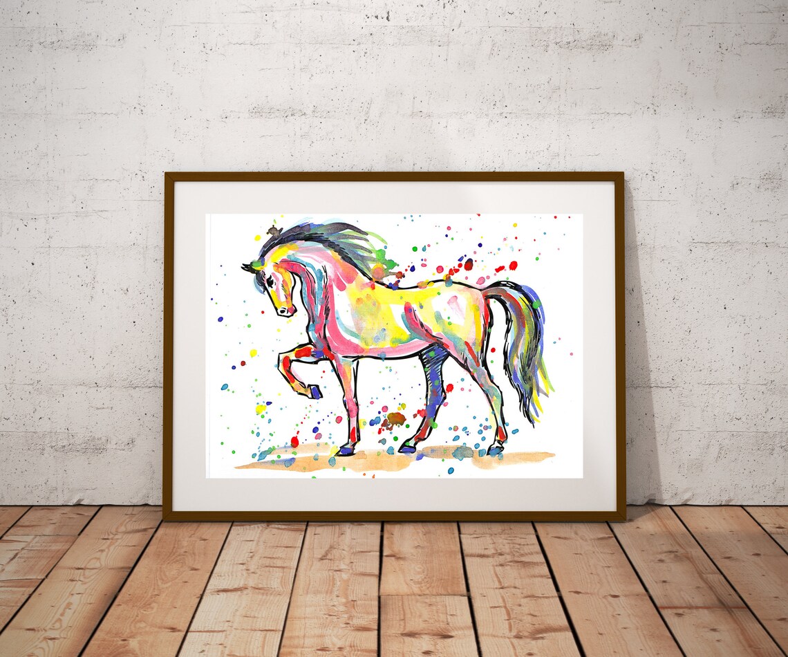 Colorful Prancing Horse Watercolor Splash Wild Equine Art Poster