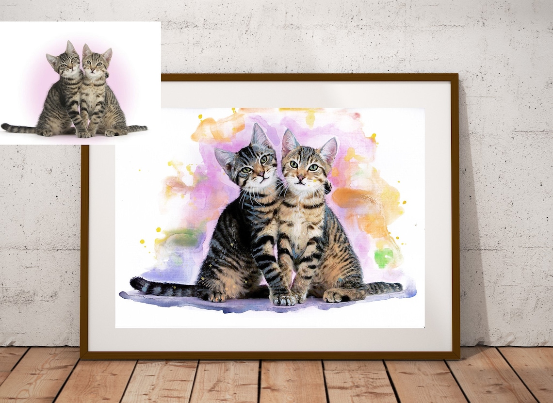Two Tabby Kittens Watercolor Custom Pet Portrait From Photo Wall Art