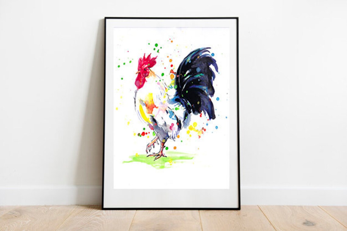 Rooster Watercolor Painting Red Comb Black Tail Farmhouse Wall Art