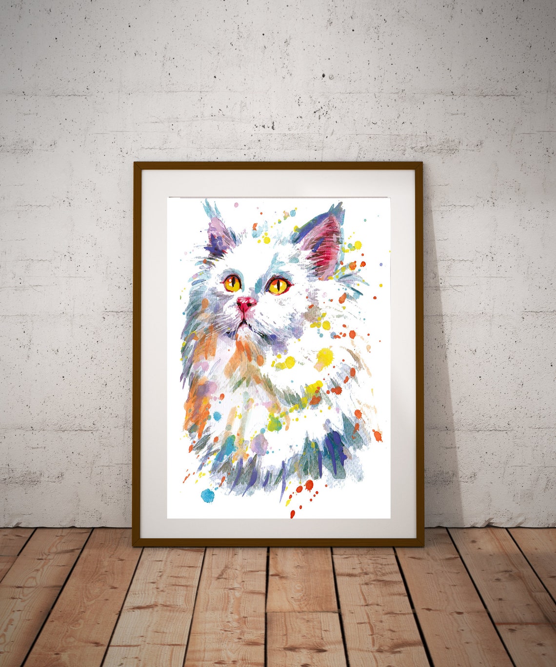 White Cat Amber Eyes Watercolor Splatter Long Haired Cat Wall Art