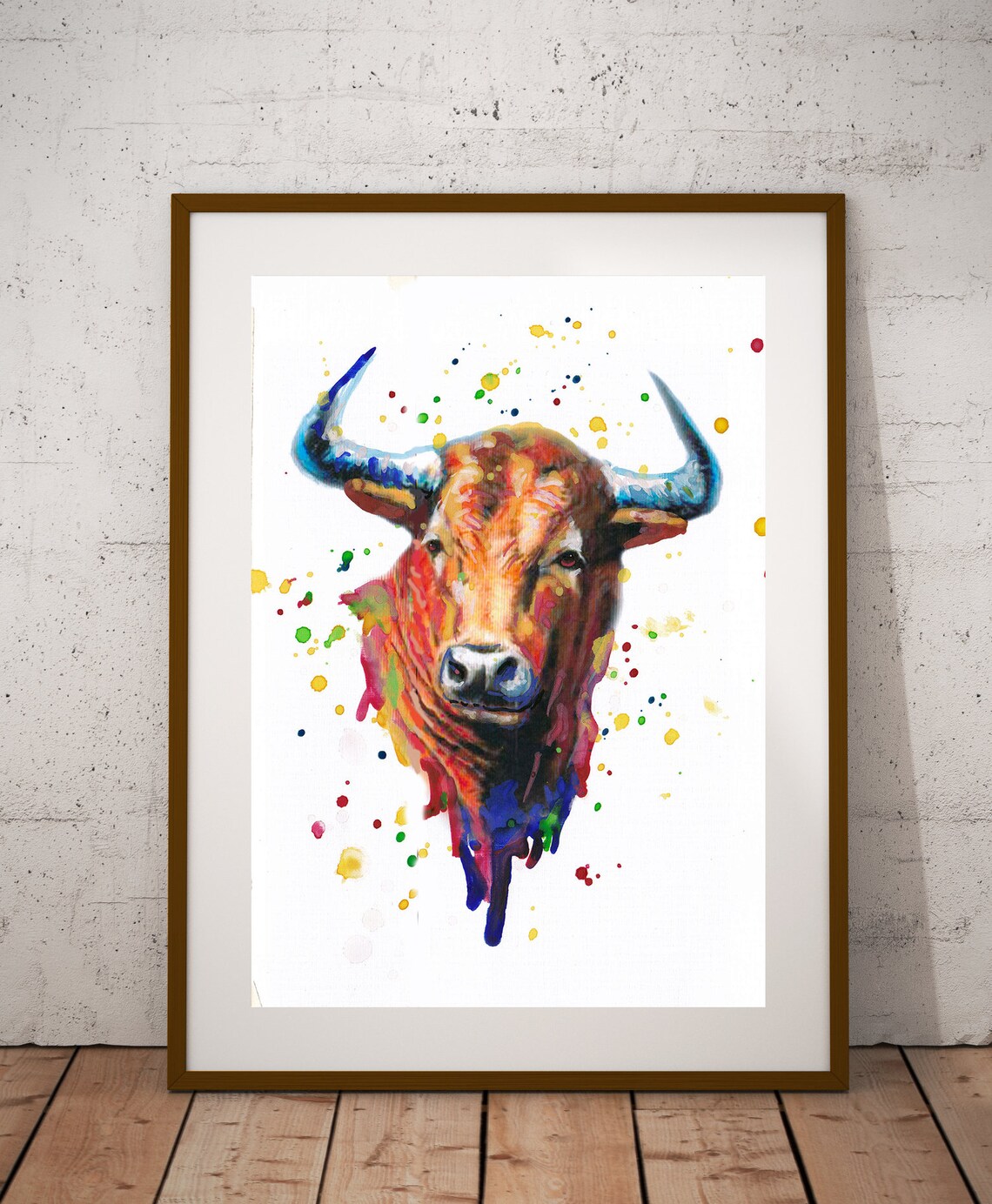 Bull With Blue Horns Colorful Rainbow Watercolor Splash Art Poster