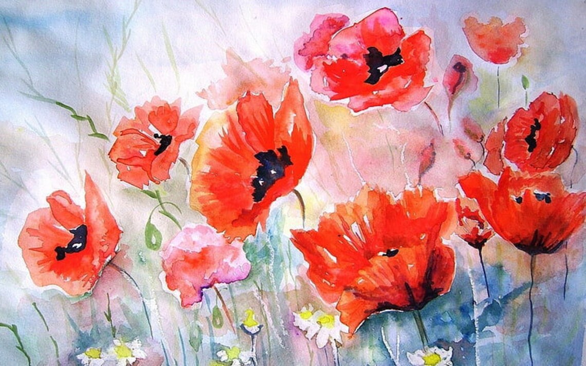 Red Poppy Flowers Field Watercolor Painting Floral Nature Art Poster