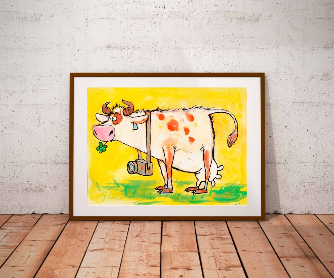 Funny Cartoon Cow Eating Green Clover Yellow Background Art Poster