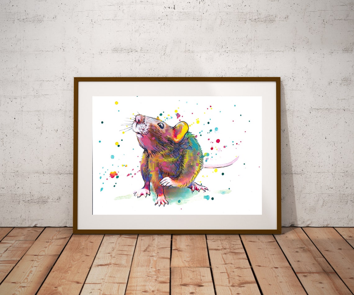 Cute Mouse Looking Up Colorful Watercolor Splatter Animal Wall Art