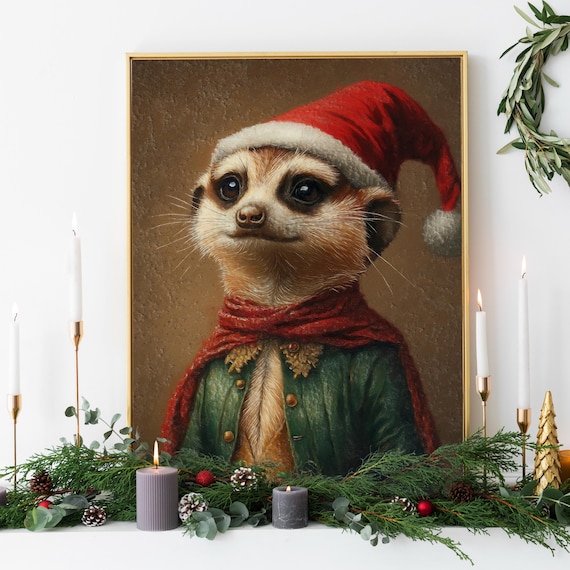 Christmas Meerkat Santa Hat Renaissance Animal Portrait Festive Wall Poster