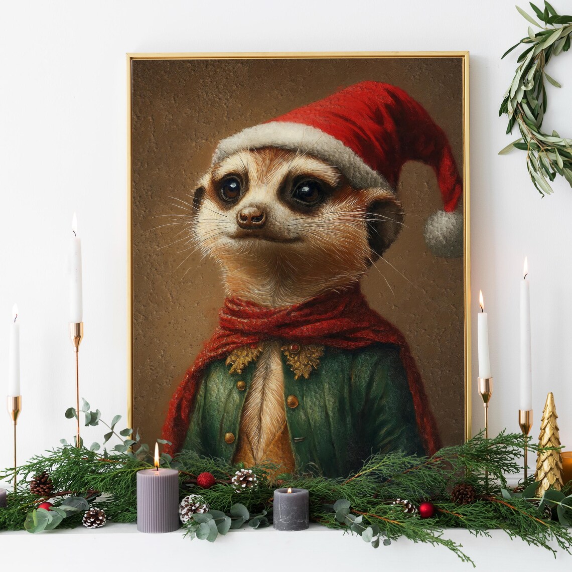 Christmas Meerkat Santa Hat Renaissance Animal Portrait Festive Wall Poster