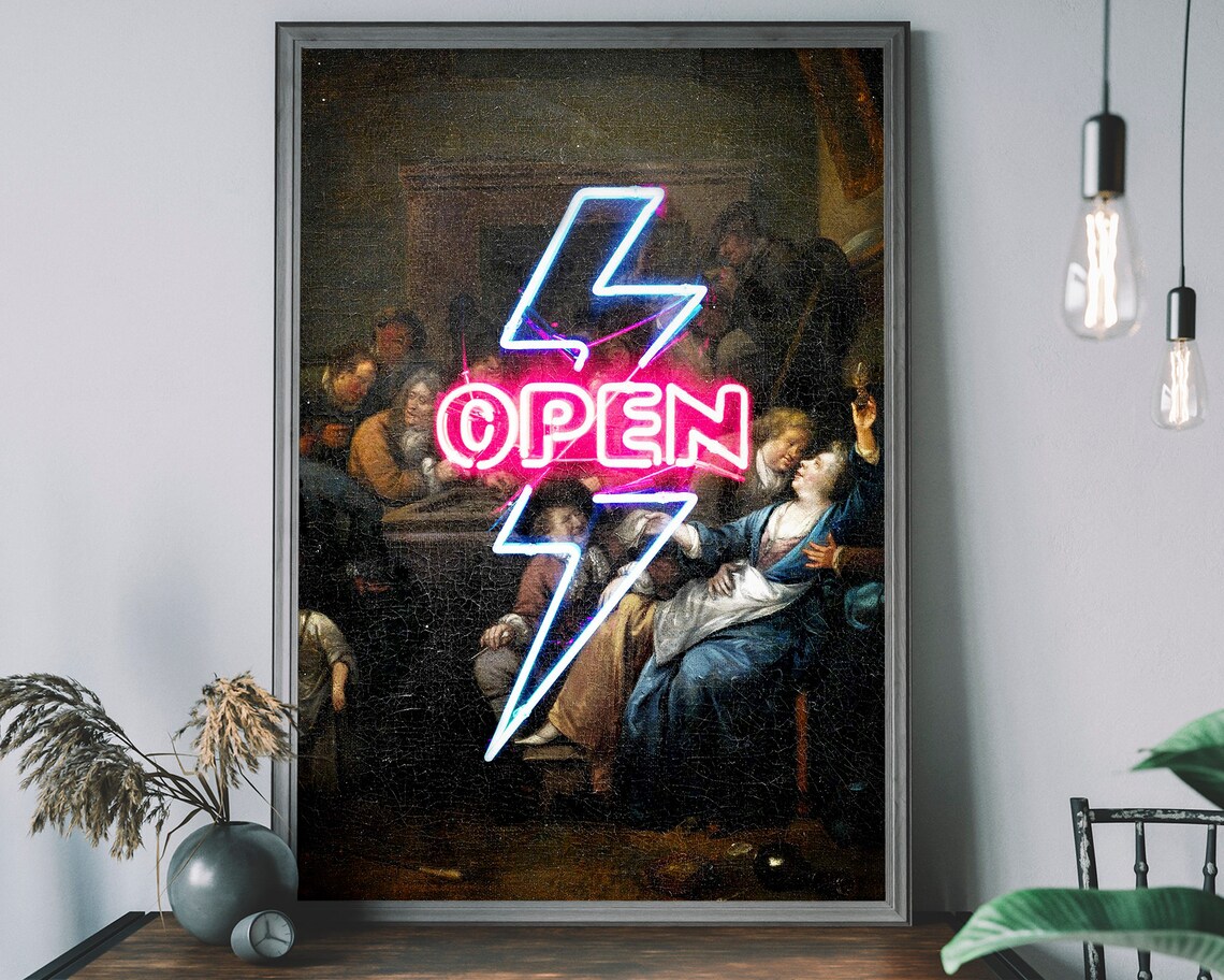 Open Sign Vintage Retro Art Print, Lightning Bolt