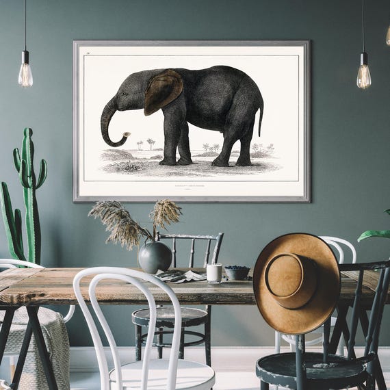 Vintage Elephant Illustration Print Antique Wildlife Art Safari Animal Poster Natural History Wall Decor