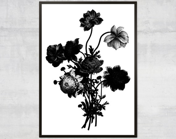Vintage Bouquet Botanical Art Print, Black And White