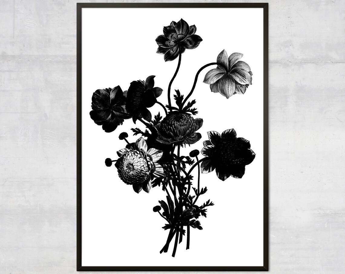 Vintage Bouquet Botanical Art Print, Black And White