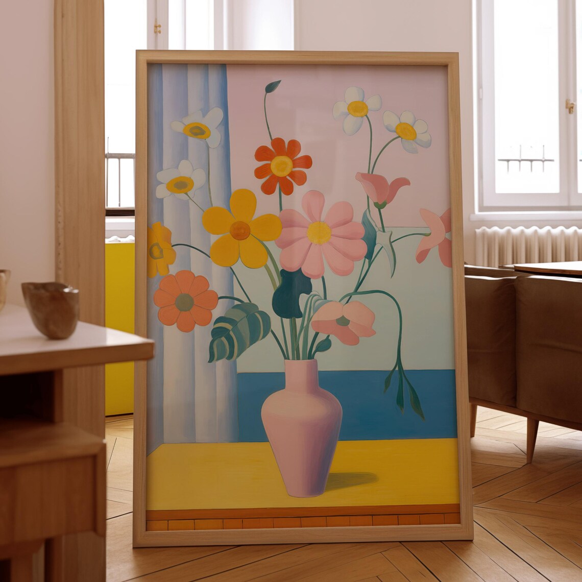 Pastel Flower Bouquet In Pink Vase Playful Still Life Modern Poster
