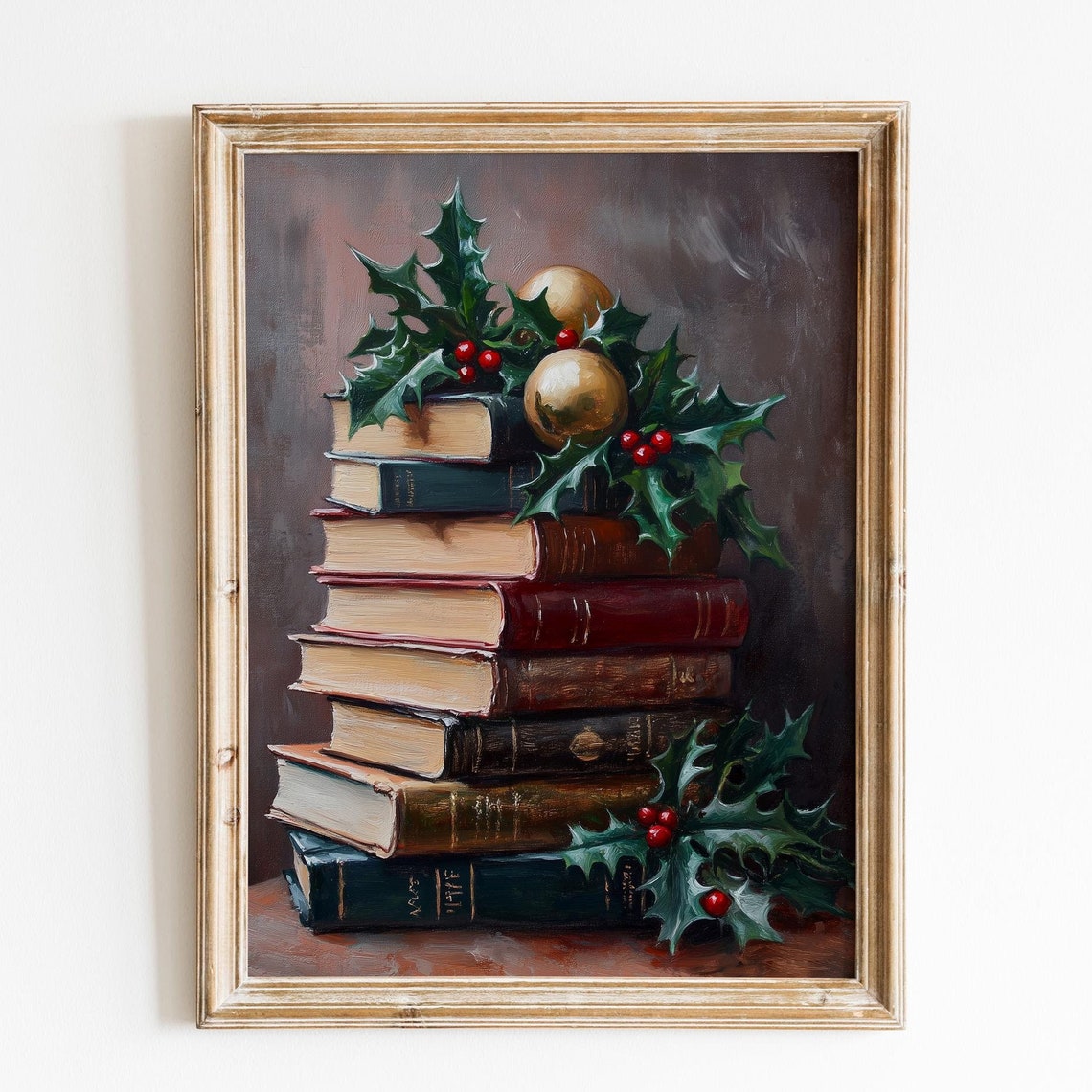 Tall Stack Christmas Books Gold Baubles Holly Greenery Decor Poster