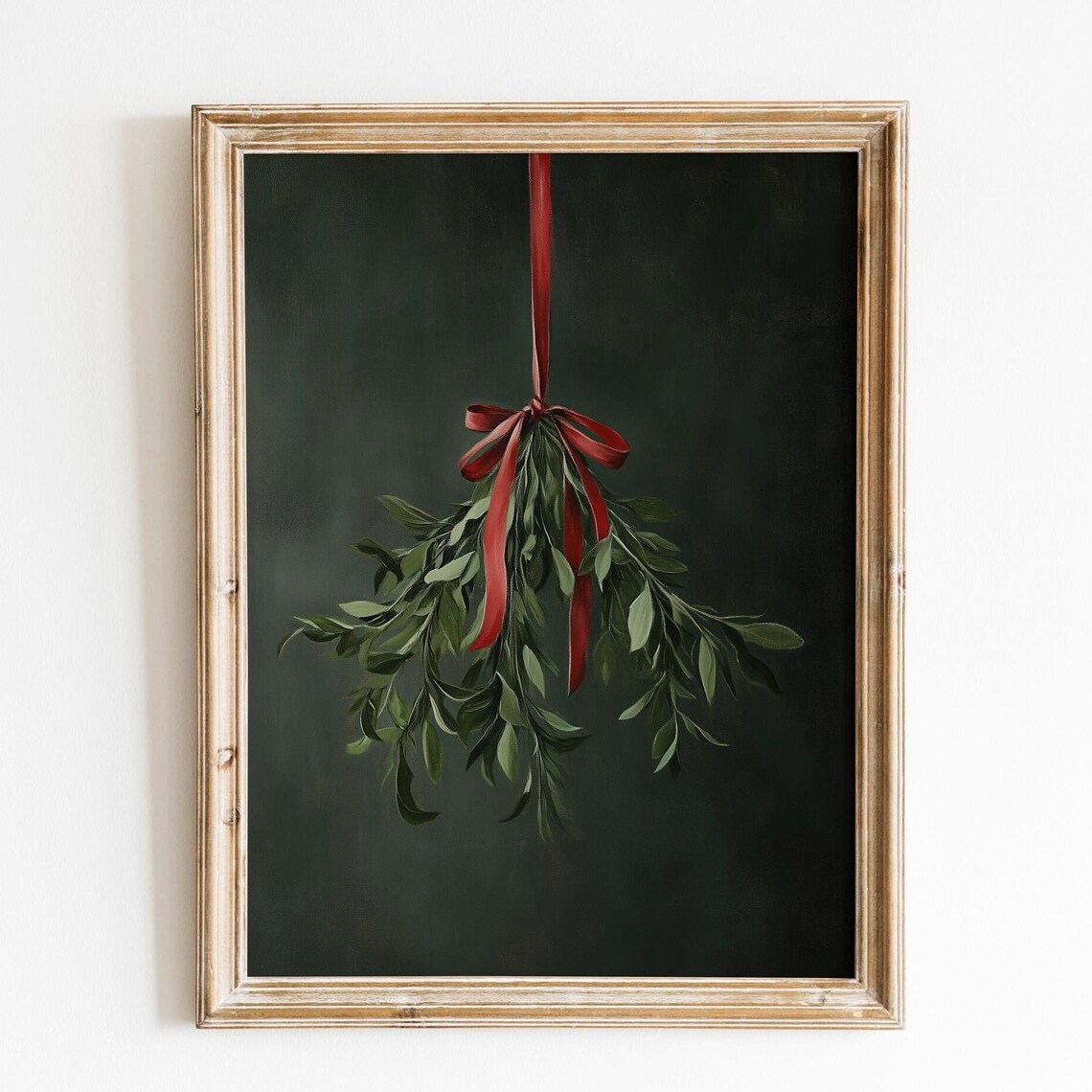Mistletoe Sprig With Red Ribbon Bow Moody Dark Green Christmas Poster