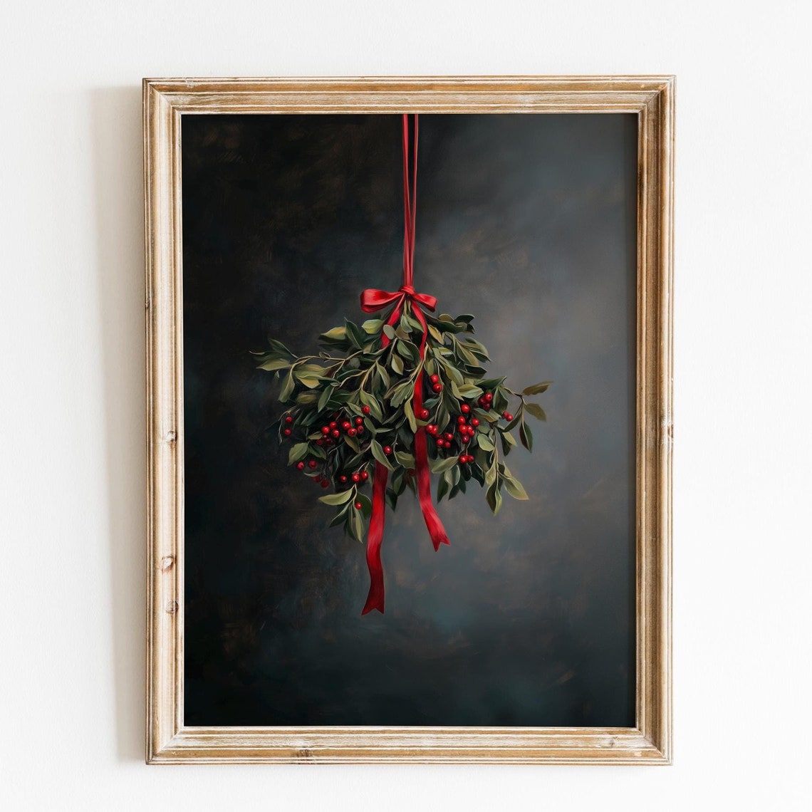 Mistletoe Red Ribbon Christmas Botanical Moody Holiday Wall Art