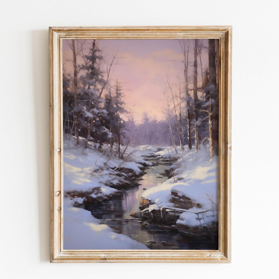 Snowy Winter Creek Pink Dawn Forest Vintage Christmas Poster