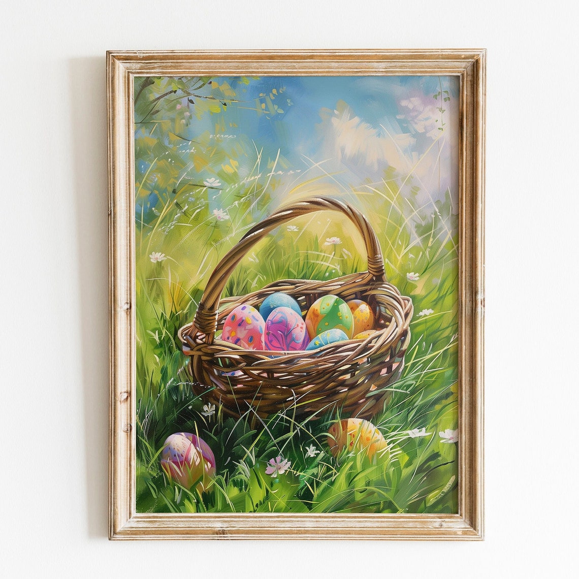 Colorful Easter Eggs in Wicker Basket in Spring Meadow Poster