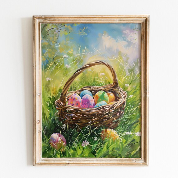 Colorful Easter Eggs in Wicker Basket in Spring Meadow Poster