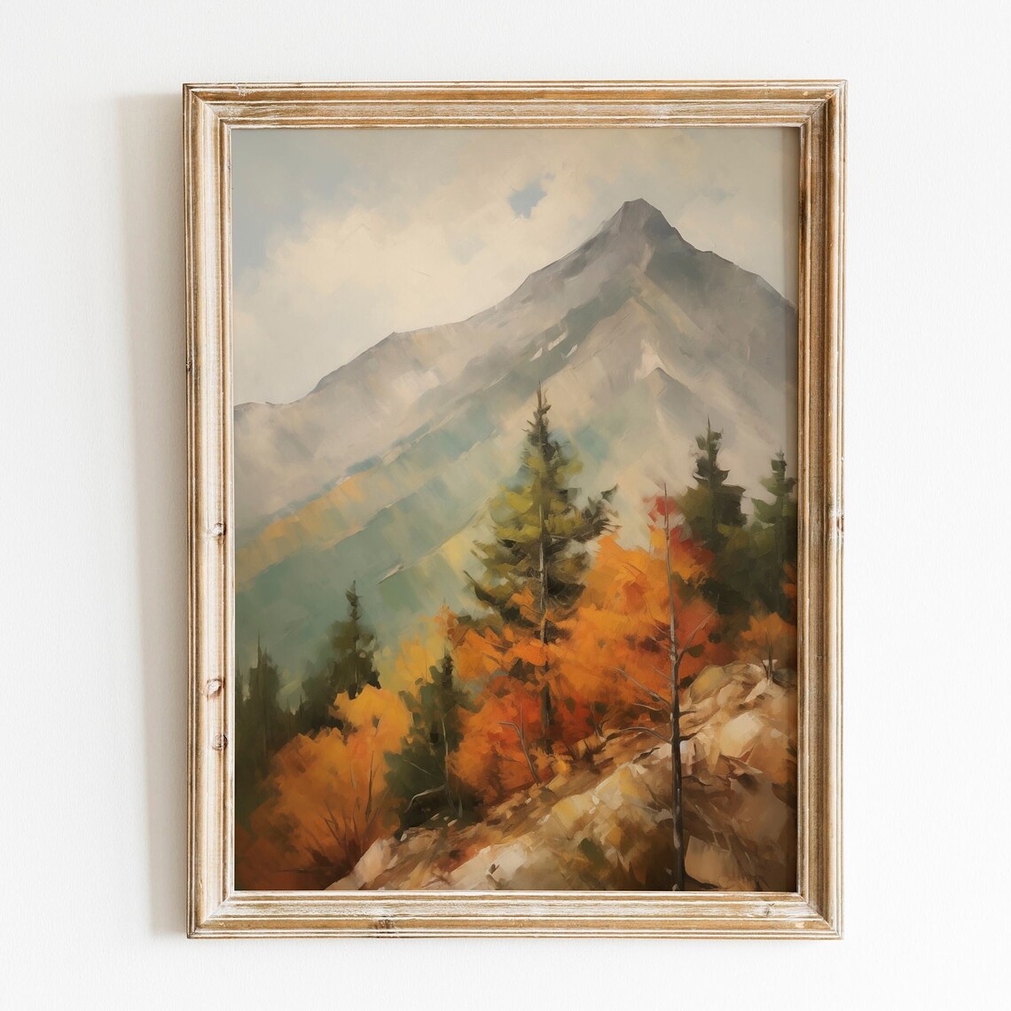 Mountain Peak Green Slopes Orange Autumn Trees Landscape Poster