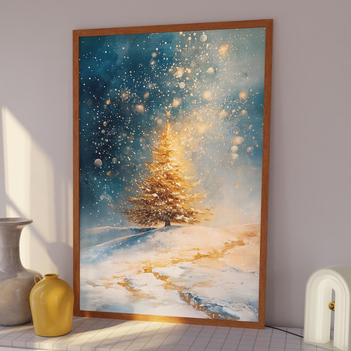 Golden Christmas Tree in a Snowy Winter Wonderland Painting Art Print - Image 3