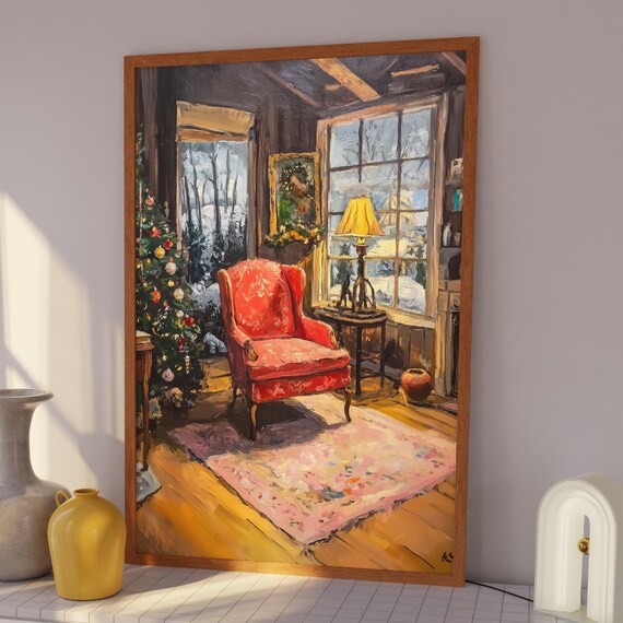 Cozy Christmas Interior Red Armchair Painting Holiday Poster