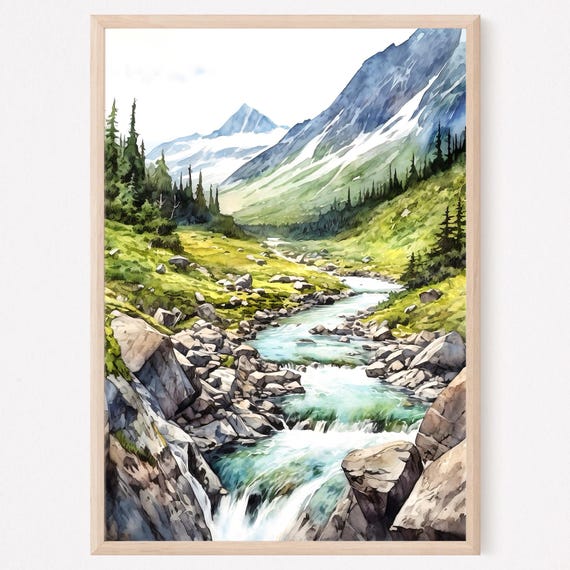 Mountain River Painting Print Mountain Landscape Wall Art Home Decor Gift