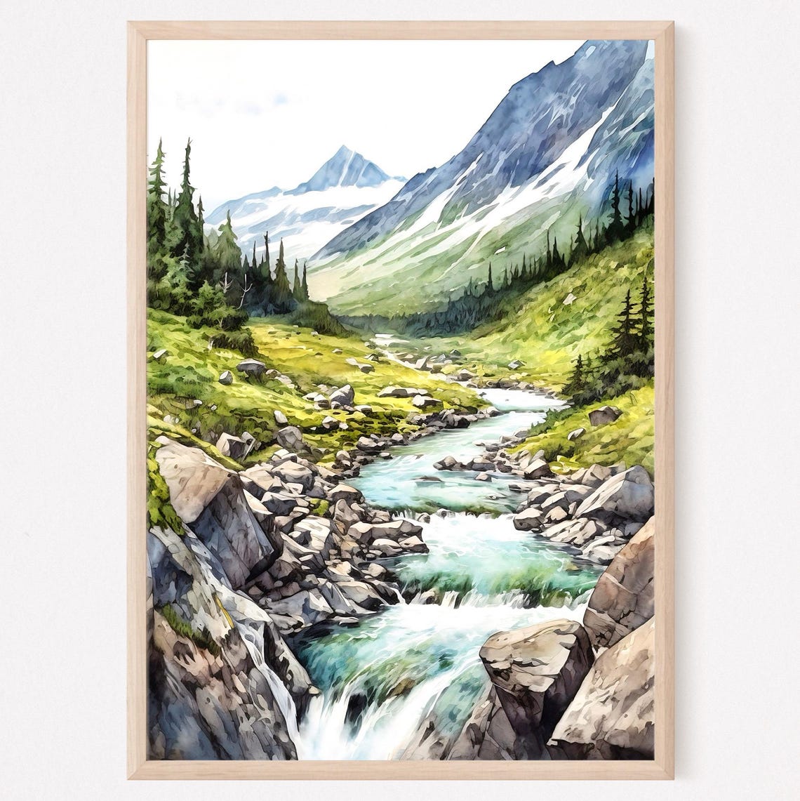Mountain River Rapids Rocky Valley Watercolor Nature Art Poster