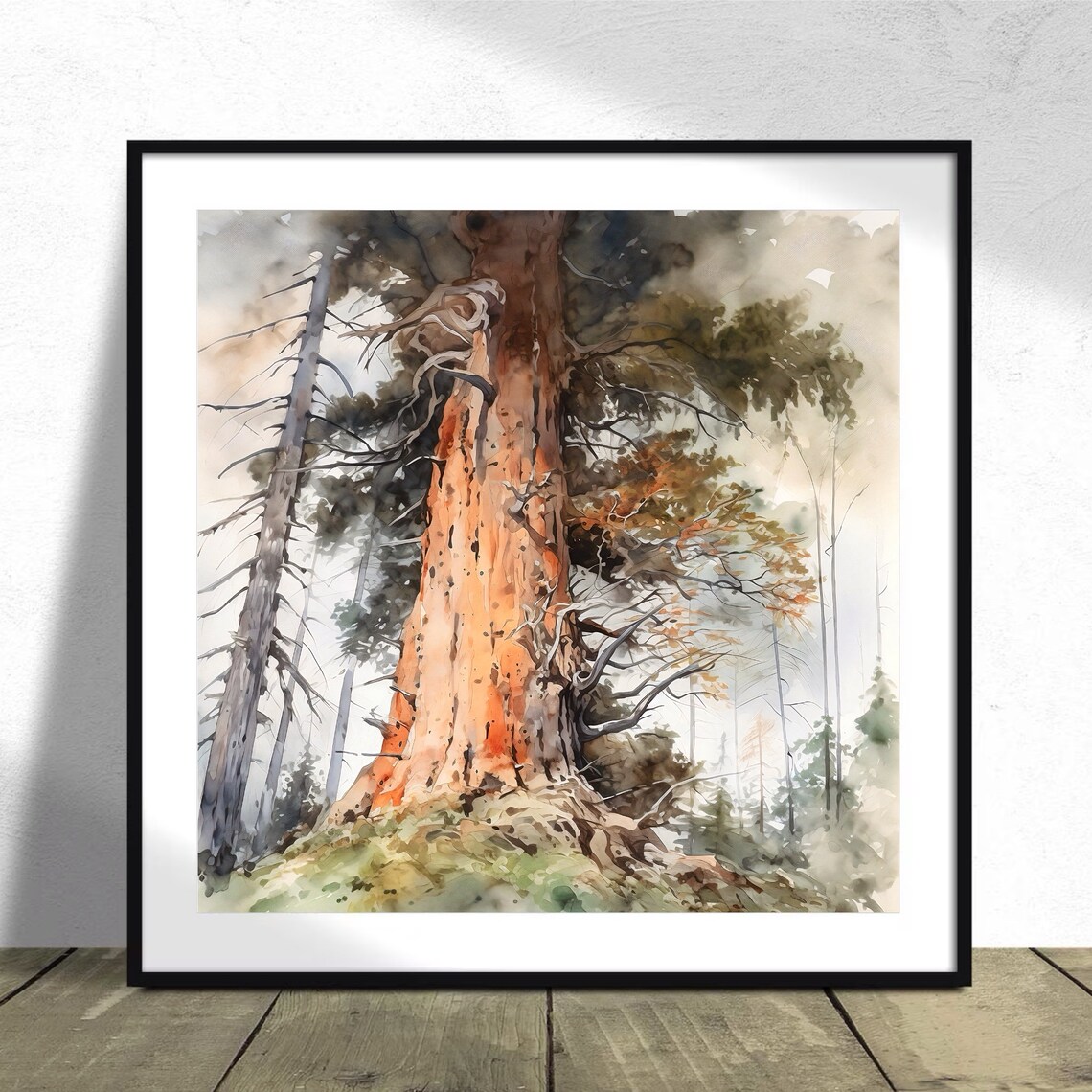 Ancient Redwood Tree Towering in Misty Forest Watercolor Poster - Image 4