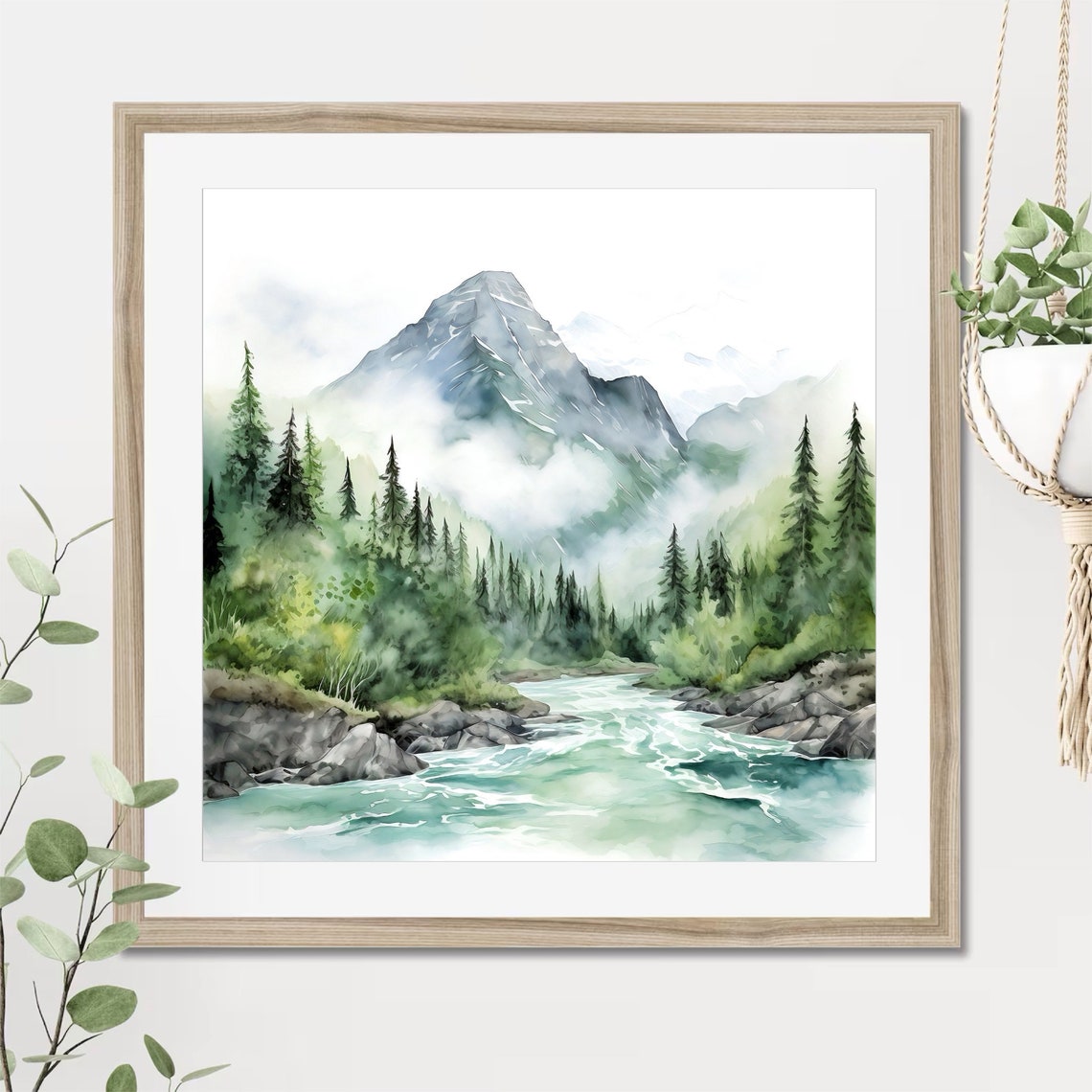 Misty Mountain Peak Watercolor with Pine Forest and River Print - Image 3