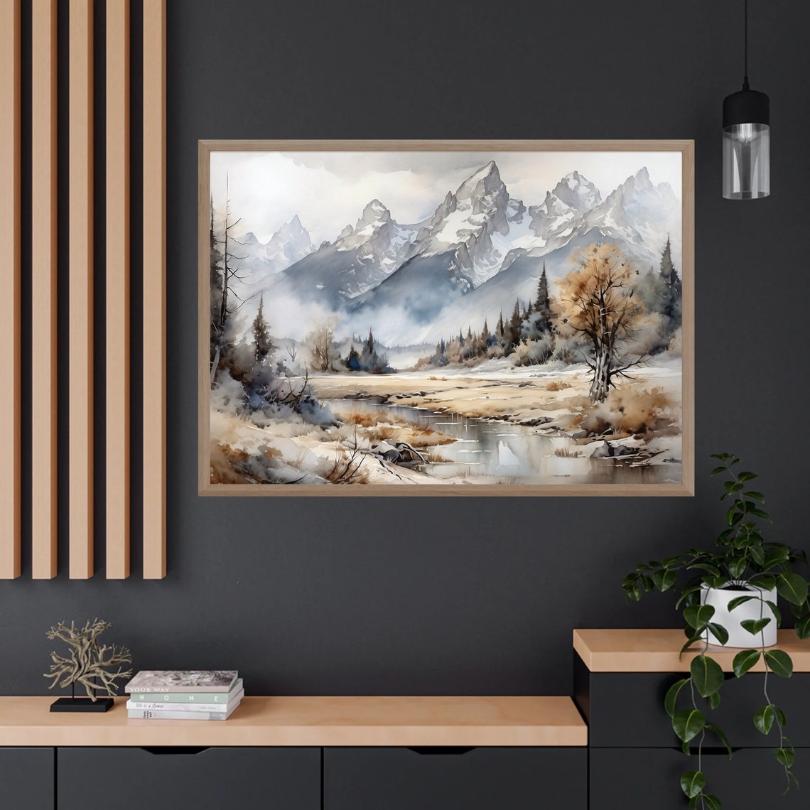 Grand Teton Snowy Peaks Over Meadow and Stream Watercolor Poster - Image 3