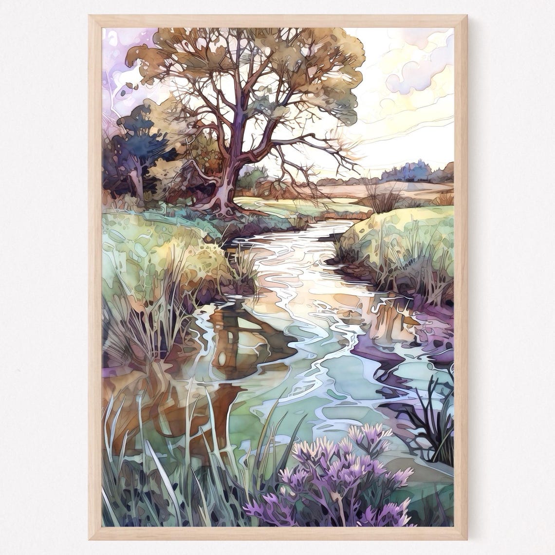 Purple Wildflowers by a Winding Stream Watercolor Landscape Poster