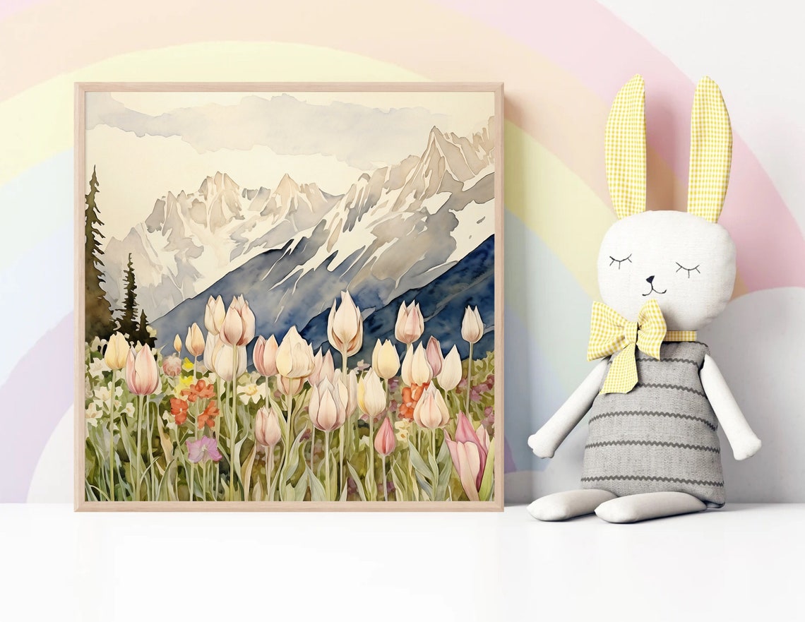 Alpine Tulips Blooming Before Snowy Mountain Peaks Watercolor Poster - Image 3