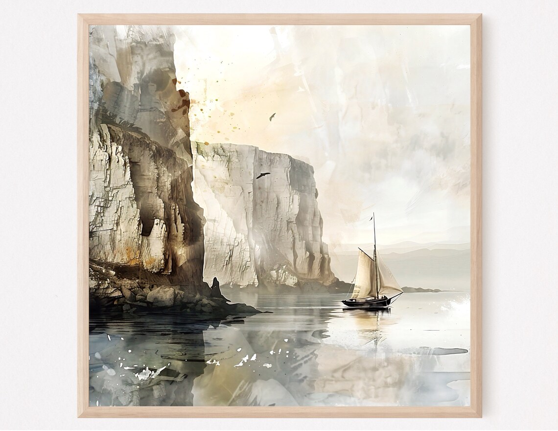 White Chalk Cliffs Sailboat Calm Sea Watercolor Coastal Poster - Image 2